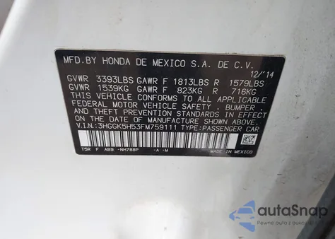 2015 Honda Fit Lx z USA, uszkodzony, nr VIN 3HGGK5H53FM759111